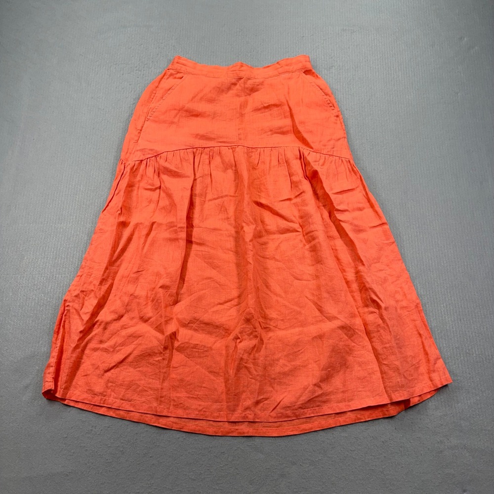 Cynthia Rowley Linen Midi Skirt Womens Small Coral Orange Tiered Pockets